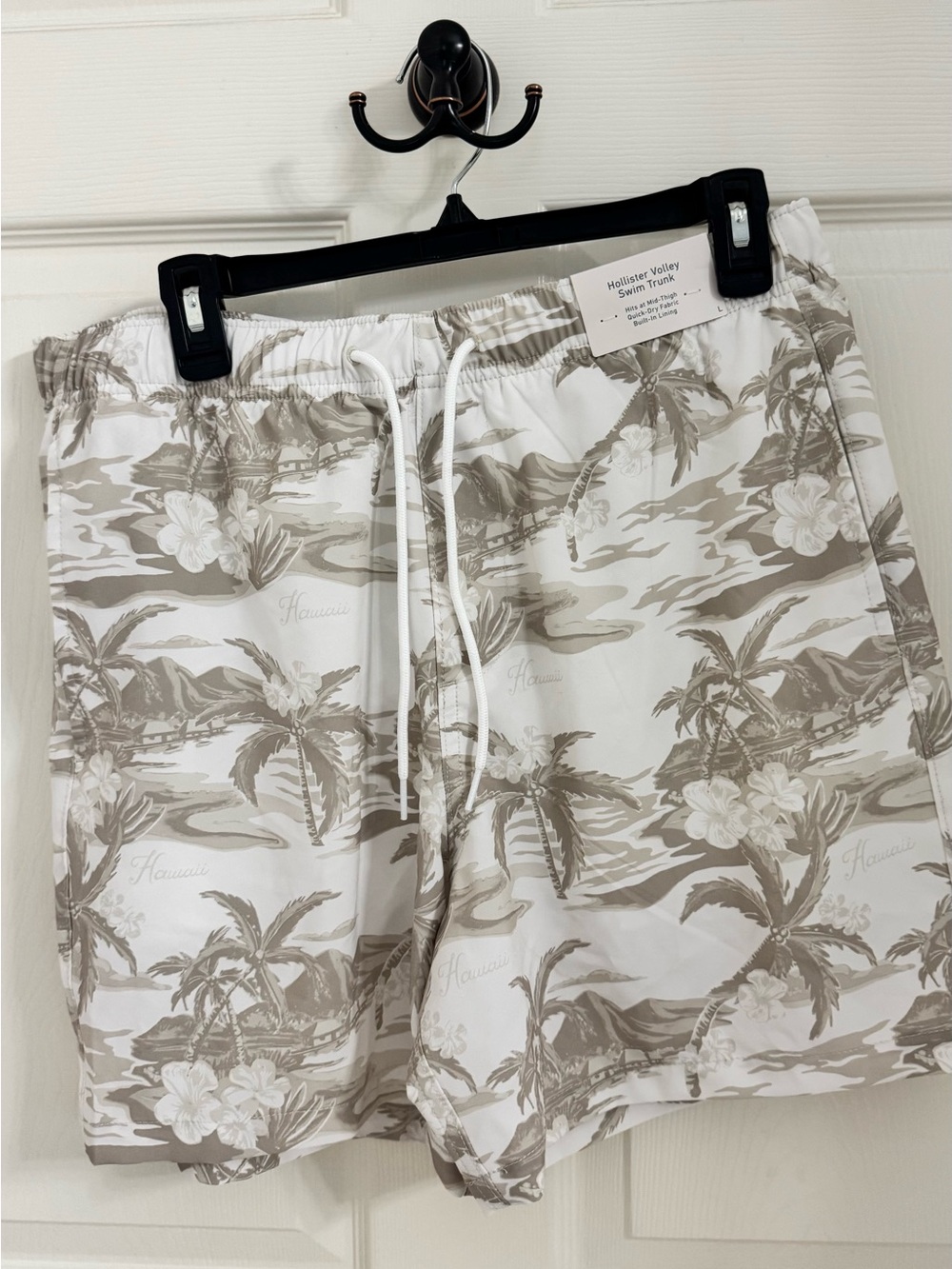 Hollister White and Taupe Tropical Print Swim Trunks